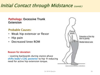 Dr M M Abedin 36
Reason for deviation:
- Leaning backwards during stance phase
shifts body’s COG posterior to hip  reducing
need for active hip extension torque.
Initial Contact through Midstance (contd.)
Pathology: Excessive Trunk
Extension
Probable Causes:
• Weak hip extensor or flexor
• Hip pain
• Decreased knee ROM
 