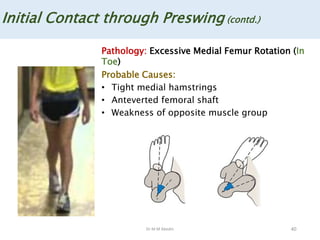Dr M M Abedin 40
Initial Contact through Preswing (contd.)
Pathology: Excessive Medial Femur Rotation (In
Toe)
Probable Causes:
• Tight medial hamstrings
• Anteverted femoral shaft
• Weakness of opposite muscle group
 