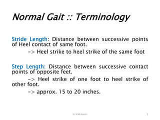 Dr M M Abedin
Normal Gait :: Terminology
Stride Length: Distance between successive points
of Heel contact of same foot.
-> Heel strike to heel strike of the same foot
Step Length: Distance between successive contact
points of opposite feet.
-> Heel strike of one foot to heel strike of
other foot.
-> approx. 15 to 20 inches.
5
 