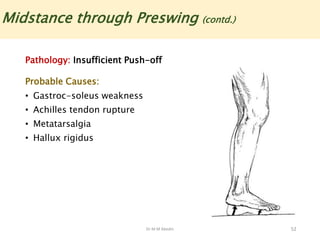 Dr M M Abedin 52
Midstance through Preswing (contd.)
Pathology: Insufficient Push-off
Probable Causes:
• Gastroc-soleus weakness
• Achilles tendon rupture
• Metatarsalgia
• Hallux rigidus
 