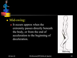     Mid-swing:
         It occurs approx when the
          extremity passes directly beneath
          the body, or from the end of
          acceleration to the beginning of
          deceleration.




    22-Jun-12          P.R.Khuman(MPT,Ortho & Sports)   19
 