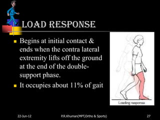 Load response
    Begins at initial contact &
     ends when the contra lateral
     extremity lifts off the ground
     at the end of the double-
     support phase.
    It occupies about 11% of gait



    22-Jun-12      P.R.Khuman(MPT,Ortho & Sports)   27
 
