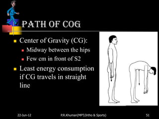 Path of COG
    Center of Gravity (CG):
         Midway between the hips
         Few cm in front of S2
    Least energy consumption
     if CG travels in straight
     line



    22-Jun-12         P.R.Khuman(MPT,Ortho & Sports)   51
 