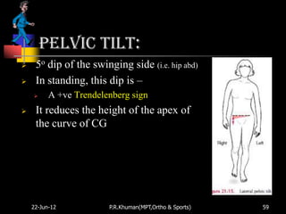 Pelvic tilt:
    5o dip of the swinging side (i.e. hip abd)
    In standing, this dip is –
         A +ve Trendelenberg sign
    It reduces the height of the apex of
     the curve of CG




    22-Jun-12           P.R.Khuman(MPT,Ortho & Sports)   59
 
