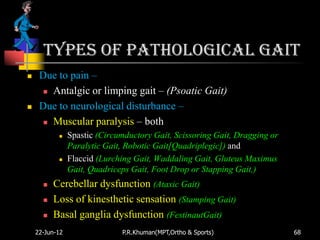 Types of pathological gait
    Due to pain –
       Antalgic or limping gait – (Psoatic Gait)

    Due to neurological disturbance –
       Muscular paralysis – both

               Spastic (Circumductory Gait, Scissoring Gait, Dragging or
                Paralytic Gait, Robotic Gait[Quadriplegic]) and
               Flaccid (Lurching Gait, Waddaling Gait, Gluteus Maximus
                Gait, Quadriceps Gait, Foot Drop or Stapping Gait,)
         Cerebellar dysfunction (Ataxic Gait)
         Loss of kinesthetic sensation (Stamping Gait)
         Basal ganglia dysfunction (FestinautGait)
    22-Jun-12                 P.R.Khuman(MPT,Ortho & Sports)                68
 