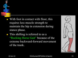     With foot in contact with floor, this
     requires less muscle strength to
     maintain the hip in extension during
     stance phase.
    This shifting is referred to as a
     “Rocking Horse Gait” because of the
     extreme backward-forward movement
     of the trunk.


    22-Jun-12        P.R.Khuman(MPT,Ortho & Sports)   73
 