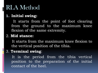 RLA Method
1. Initial swing:
It starts from the point of foot clearing
from the ground to the maximum knee
flexion of the same extremity.
2. Mid stance:
It starts from the maximum knee flexion to
the vertical position of the tibia.
3. Terminal swing:
It is the period from the tibia vertical
position to the preparation of the initial
contact of the heel.
 