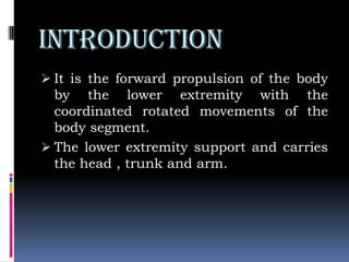INTRODUCTION
 It is the forward propulsion of the body
by the lower extremity with the
coordinated rotated movements of the
body segment.
 The lower extremity support and carries
the head , trunk and arm.
 