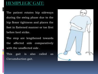 HEMIPLEGIC GAIT:
The patient rotates hip sideways
during the swing phase due to the
hip flexor tightness and places the
foot in flattened manner or toe first
before heel strike.
The step are lengthened towards
the affected side comparatively
with the unaffected side .
This gait is also called as
Circumduction gait.
 