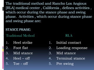The traditional method and Rancho Los Angious
[RLA] medical center , California , defines activities ,
which occur during the stance phase and swing
phase. Activities , which occur during stance phase
and swing phase are:
STANCE PHASE:
 Traditional Method
1. Heel strike
2. Foot flat
3. Mid stance
4. Heel – off
5. Toe - off
RLA
1. Initial contact
2. Loading response
3. Mid stance
4. Terminal stance
5. Pre swing
 
