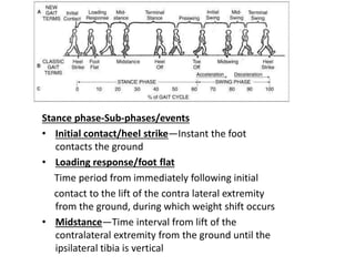 Stance phase-Sub-phases/events
• Initial contact/heel strike—Instant the foot
contacts the ground
• Loading response/foot flat
Time period from immediately following initial
contact to the lift of the contra lateral extremity
from the ground, during which weight shift occurs
• Midstance—Time interval from lift of the
contralateral extremity from the ground until the
ipsilateral tibia is vertical
 