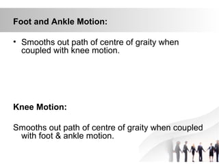 Foot and Ankle Motion:
• Smooths out path of centre of graity when
coupled with knee motion.
Knee Motion:
Smooths out path of centre of graity when coupled
with foot & ankle motion.
 