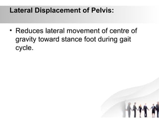 Lateral Displacement of Pelvis:
• Reduces lateral movement of centre of
gravity toward stance foot during gait
cycle.
 