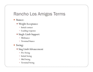 Rancho Los Amigos Terms
 Stance:
   Weight Acceptance
     Initial contact
     Loading response
              g p
   Single Limb Support
     Midstance
     TTerminal Stance
              lS
 Swing:
   Sing Limb Advancement
     Pre-Swing
     Initial Swing
     MdS
       Mid Swing
     Terminal Swing
 