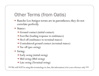 Other Terms (from Oatis)
        Rancho Los Amigos terms are in parentheses; they do not
         correlate perfectly
              lt      f tl
        Stance:
              Ground contact (initial contact)
                                (               )
              Foot flat (loading response to midstance)
              Heel off (midstance to terminal stance)
              Contralateral ground contact (terminal stance)
               C      l      l      d         (    i l      )
              Toe off (pre-swing)
        Swing:
             g
            Early swing (initial swing)
            Mid swing (Mid swing)
            L t swing (T
             Late i (Terminal swing)
                                i l i )
*** We will NOT be using this terminology in class, this information is for your reference only ***
 