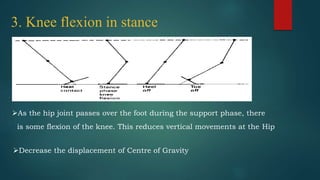3. Knee flexion in stance
As the hip joint passes over the foot during the support phase, there
is some flexion of the knee. This reduces vertical movements at the Hip
Decrease the displacement of Centre of Gravity
 