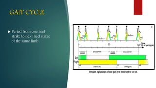 GAIT CYCLE
 Period from one heel
strike to next heel strike
of the same limb .
 