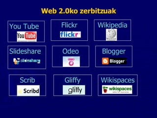 Web 2.0ko zerbitzuak Slideshare Flickr Odeo Scrib Gliffy You Tube BLOG PC Wikipedia Blogger Wikispaces 