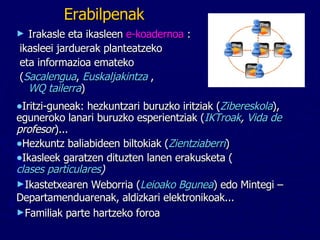 Erabilpenak Irakasle eta ikasleen  e-koadernoa  :  ikasleei jarduerak planteatzeko eta informazioa emateko ( Sacalengua ,  Euskaljakintza  ,  WQ tailerra ) Iritzi-guneak: hezkuntzari buruzko iritziak ( Zibereskola ),  eguneroko lanari buruzko esperientziak ( IKTroak ,  Vida de  profesor )... Hezkuntz baliabideen biltokiak ( Zientziaberri ) Ikasleek garatzen dituzten lanen erakusketa ( clases particulares ) Ikastetxearen Weborria ( Leioako Bgunea ) edo Mintegi –Departamenduarenak, aldizkari elektronikoak... Familiak parte hartzeko foroa 