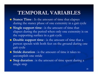 TEMPORAL VARIABLES
Stance Time : Is the amount of time that elapses
during the stance phase of one extremity in a gait cycle
Single support time : is the amount of time that
elapses during the period when only one extremity is on
the supporting surface in a gait cycle
Double support time : is the amount of time that a
person spends with both feet on the ground during one
gait cycle
Stride duration : is the amount of time it takes to
accomplish one stride
Step duration : is the amount of time spent during a
single step
29
 