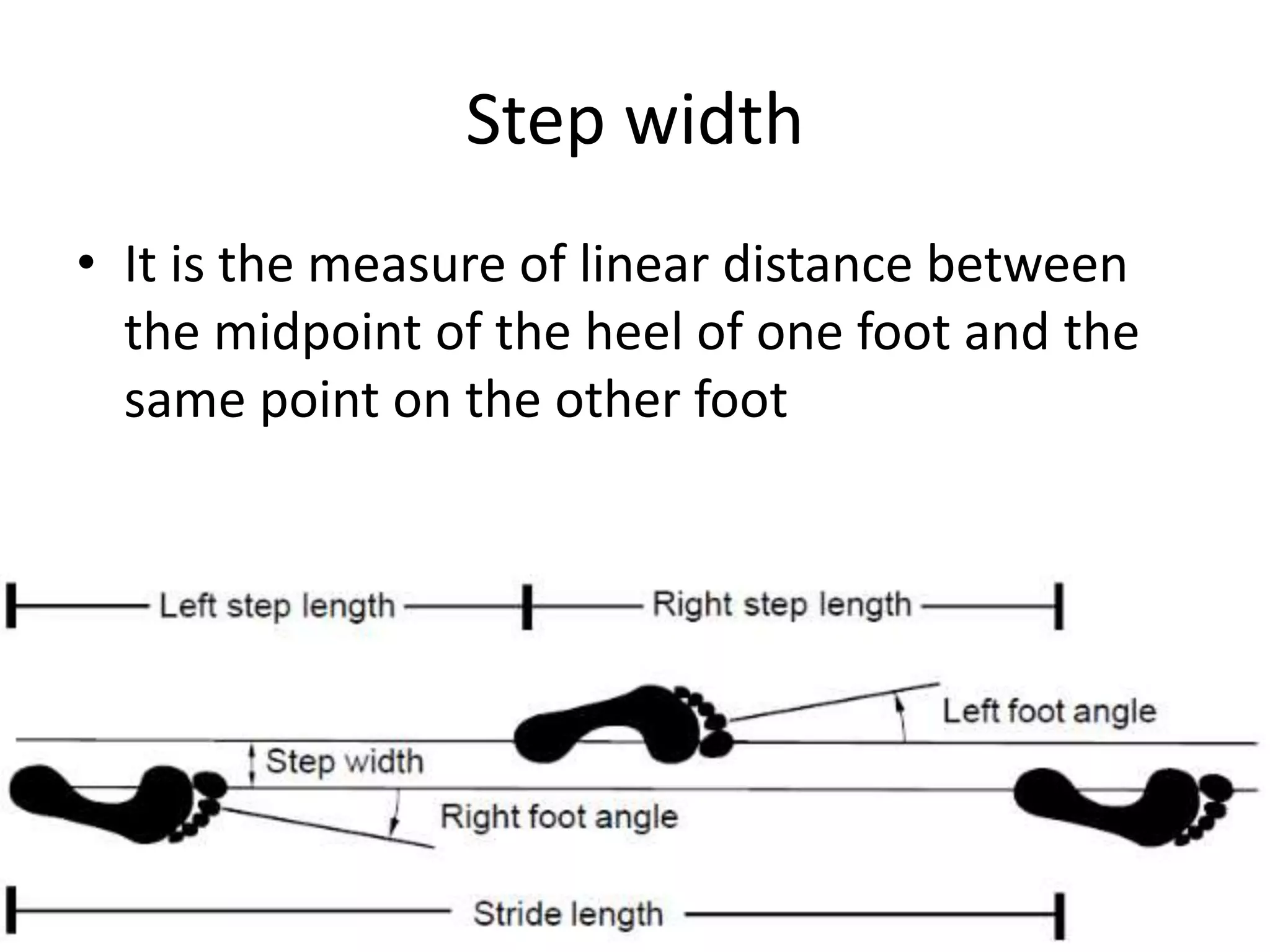 Step width
• It is the measure of linear distance between
the midpoint of the heel of one foot and the
same point on the other foot
 