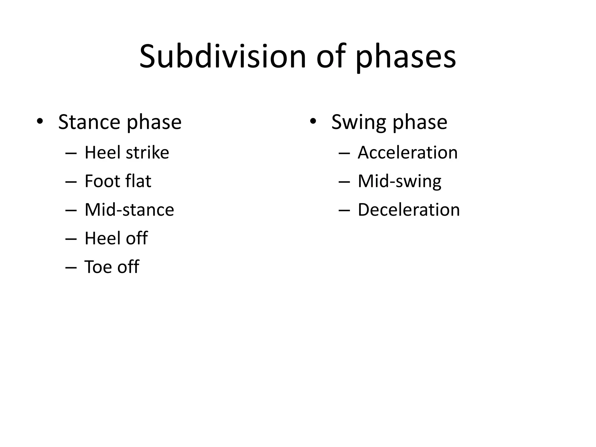 Subdivision of phases
• Stance phase
– Heel strike
– Foot flat
– Mid-stance
– Heel off
– Toe off
• Swing phase
– Acceleration
– Mid-swing
– Deceleration
 