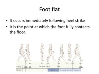 Foot flat
• It occurs immediately following heel strike
• It is the point at which the foot fully contacts
the floor.
 