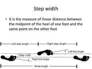Step width
• It is the measure of linear distance between
the midpoint of the heel of one foot and the
same point on the other foot
 