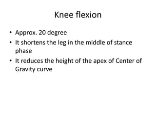 Knee flexion
• Approx. 20 degree
• It shortens the leg in the middle of stance
phase
• It reduces the height of the apex of Center of
Gravity curve
 