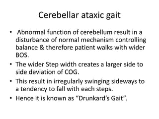 Cerebellar ataxic gait
• Abnormal function of cerebellum result in a
disturbance of normal mechanism controlling
balance & therefore patient walks with wider
BOS.
• The wider Step width creates a larger side to
side deviation of COG.
• This result in irregularly swinging sideways to
a tendency to fall with each steps.
• Hence it is known as “Drunkard’s Gait”.
 