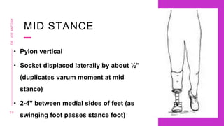 MID STANCE
• Pylon vertical
• Socket displaced laterally by about ½”
(duplicates varum moment at mid
stance)
• 2-4” between medial sides of feet (as
swinging foot passes stance foot)
2 0
DR.
JOE
ANTONY
 