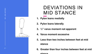 DEVIATIONS IN
MID STANCE
1. Pylon leans medially
2. Pylon leans laterally
3. ½” varus moment not apparent
4. Varus moment excessive
5. Less than two inches between feet at mid
stance
6. Greater than four inches between feet at mid
2 1
DR.
JOE
ANTONY
 
