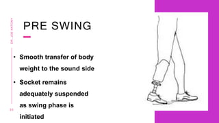 PRE SWING
• Smooth transfer of body
weight to the sound side
• Socket remains
adequately suspended
as swing phase is
initiated
3 0
DR.
JOE
ANTONY
 