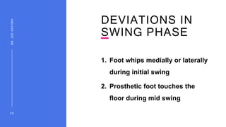 DEVIATIONS IN
SWING PHASE
1. Foot whips medially or laterally
during initial swing
2. Prosthetic foot touches the
floor during mid swing
3 5
DR.
JOE
ANTONY
 