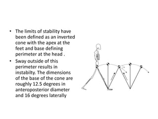 • The limits of stability have
been defined as an inverted
cone with the apex at the
feet and base defining
perimeter at the head .
• Sway outside of this
perimeter results in
instabilty. The dimensions
of the base of the cone are
roughly 12.5 degrees in
anteroposterior diameter
and 16 degrees laterally
 