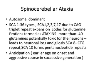 Spinocerebellar Ataxia
• Autosomal dominant
• SCA 1-36 types , SCA1,2,3,7,17 due to CAG
triplet repeat expansion codes for glutamine
Protiens termed as ATAXINS- more than -40
glutamines potentially toxic for the neurons –
leads to neuronal loss and gliosis SCA 8- CTG
repeat,SCA 10 forms pentanucleotide repeats
• Anticipation ( earlier age on onset and
aggressive course in successive generation )
 