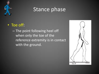 Stance phase
• Toe off:
– The point following heel off
when only the toe of the
reference extremity is in contact
with the ground.
 