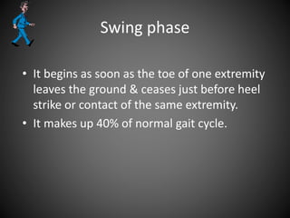 Swing phase
• It begins as soon as the toe of one extremity
leaves the ground & ceases just before heel
strike or contact of the same extremity.
• It makes up 40% of normal gait cycle.
 