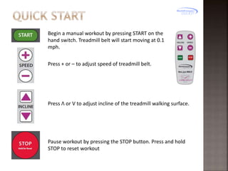 Begin a manual workout by pressing START on the
hand switch. Treadmill belt will start moving at 0.1
mph.
Press + or – to adjust speed of treadmill belt.

Press Λ or V to adjust incline of the treadmill walking surface.

Pause workout by pressing the STOP button. Press and hold
STOP to reset workout

 