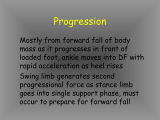 Progression
Mostly from forward fall of body
mass as it progresses in front of
loaded foot, ankle moves into DF with
rapid acceleration as heel rises
Swing limb generates second
progressional force as stance limb
goes into single support phase, must
occur to prepare for forward fall
 