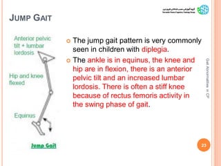 JUMP GAIT
 The jump gait pattern is very commonly
seen in children with diplegia.
 The ankle is in equinus, the knee and
hip are in flexion, there is an anterior
pelvic tilt and an increased lumbar
lordosis. There is often a stiff knee
because of rectus femoris activity in
the swing phase of gait.
23
GaitAbnormalitiesinCP
 
