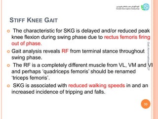STIFF KNEE GAIT
 The characteristic for SKG is delayed and/or reduced peak
knee flexion during swing phase due to rectus femoris firing
out of phase.
 Gait analysis reveals RF from terminal stance throughout
swing phase.
 The RF is a completely different muscle from VL, VM and VI
and perhaps ‘quadriceps femoris’ should be renamed
‘triceps femoris’.
 SKG is associated with reduced walking speeds in and an
increased incidence of tripping and falls.
33
GaitAbnormalitiesinCP
 
