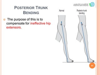 POSTERIOR TRUNK
BENDING
 The purpose of this is to
compensate for ineffective hip
extensors.
41
GaitAbnormalitiesinCP
 