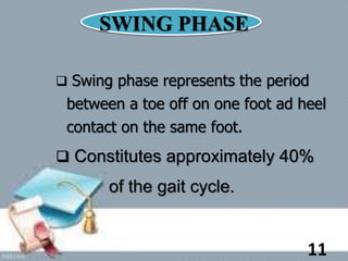  Swing phase represents the period
between a toe off on one foot ad heel
contact on the same foot.
 Constitutes approximately 40%
of the gait cycle.
SWING PHASE
11
 