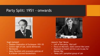Party Split: 1951 - onwards
Hugh Gaitskell
• Shadow Chancellor of Exchequer 1951-55
• Centre right of Lab, social democrats
• Revisionist
• Many Parallels with economic policies of
R.A Butler (termed Butskellism)
Aneurin ‘Nye’ Bevan
• Left of the party, ‘Old Left’
• Focus on Marxism, state control like Lenin
• Opposed to health service cuts to pay for
Korean War
• ‘Keep Left’ pamphlet group of Lab
 