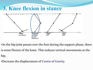 3. Knee flexion in stance
•As the hip joint passes over the foot during the support phase, there
is some flexion of the knee. This reduces vertical movements at the
hip.
•Decrease the displacement of Centre of Gravity
 