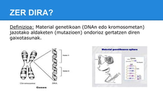 ZER DIRA?
Definizioa: Material genetikoan (DNAn edo kromosometan)
jazotako aldaketen (mutazioen) ondorioz gertatzen diren
gaixotasunak.
 