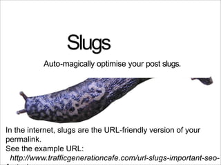 Slugs
           Auto-magically optimise your post slugs.




In the internet, slugs are the URL-friendly version of your
permalink.
See the example URL:
 http://www.trafficgenerationcafe.com/url-slugs-important-seo-
 