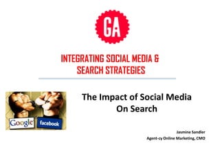 INTEGRATING SOCIAL MEDIA &
    SEARCH STRATEGIES

     The Impact of Social Media
            On Search

                                      Jasmine Sandler
                      Agent-cy Online Marketing, CMO


                                 By: Jasmi Sandler, CEO. Agent-cy
 