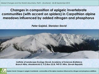 Global Changes and the World's Mountains, Perth - (Scotland) - 26-30 September 2010



    Changes in composition of epigeic invertebrate
communities (with accent on spiders) in Carpathian alpine
 meadows influenced by added nitrogen and phosphorus

                                         Peter Gajdoš, Stanislav David




                  Institute of Landscape Ecology Slovak Academy of Sciences Bratislava,
                  Branch Nitra, Akademická 2, P.O.Box 23/B, 949 01 Nitra, Slovak Republic


      Gajdoš, David: Changes in epigeic invertebrate communities of the alpine meadows influenced by nitrogen and phosphorus additions
 
